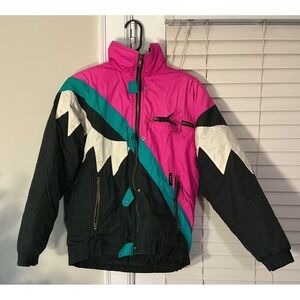 VTG S.K.I Women M Jacket Pink Teal Blk Geometric Colorblock Neon 80s Snowboar